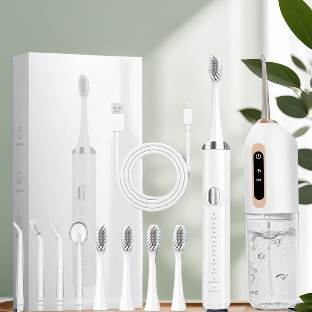 USB Rechargeable Electric Toothbrush and Water Flosser Set with Three Modes, Four Heads and Four Nozzles