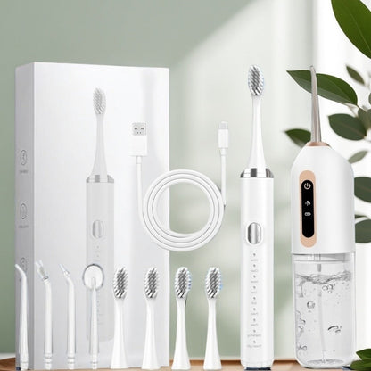 USB Rechargeable Electric Toothbrush and Water Flosser Set with Three Modes, Four Heads and Four Nozzles