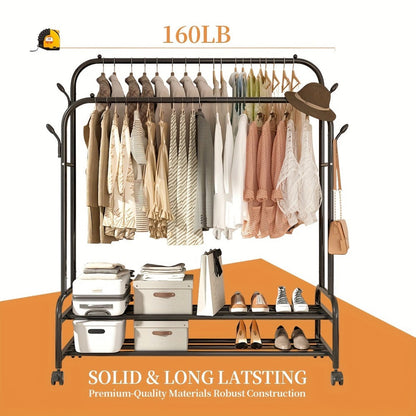 Heavy Duty Metal Clothing Rack Double Rod with Wheels Shelves and Hooks Freestanding Garment Rack 300LB Capacity Closet Organizer for Bedroom Laundry Room