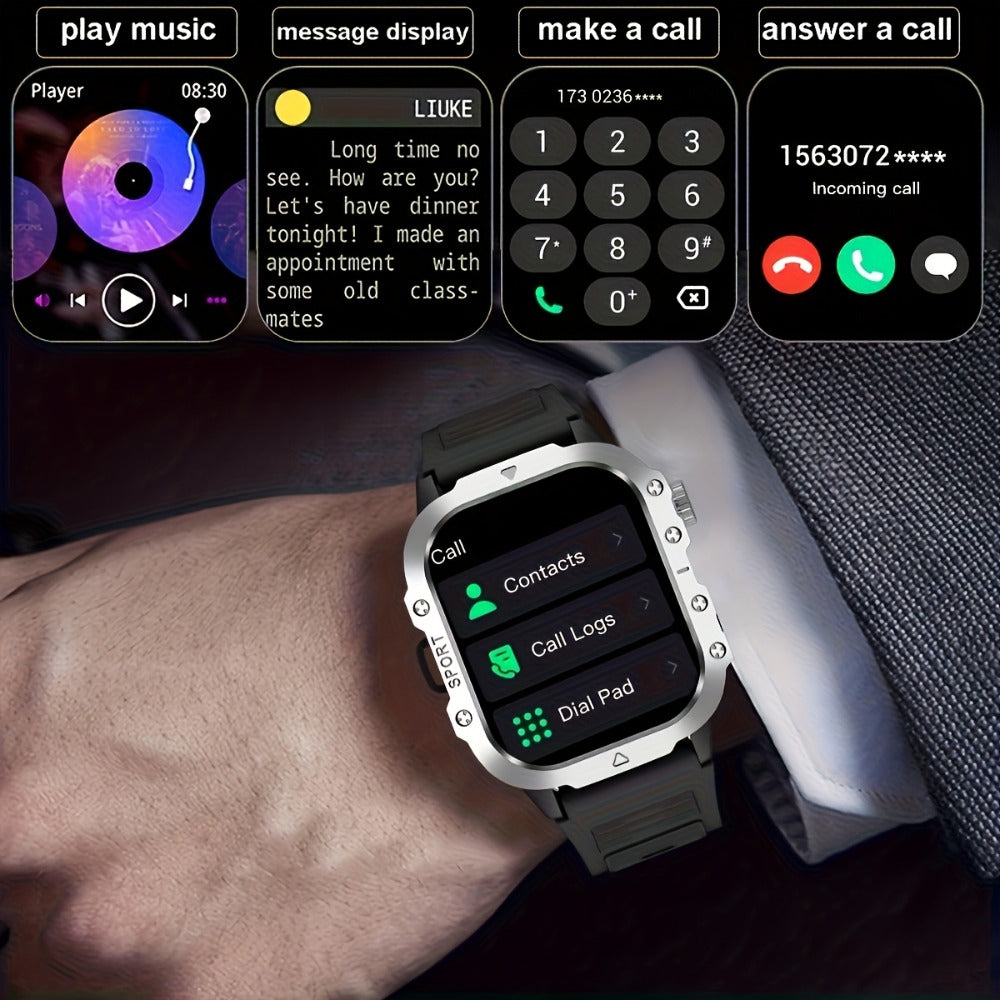 LED Flashlight Outdoor Smartwatch 2.01" Large Screen – Multi-Sport Modes, Long Battery Life, Message Alerts, Fitness Tracker – Rugged Adventure Watch Black Brown Android & iPhone