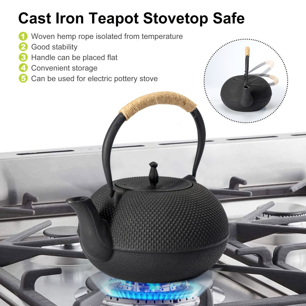 Cast Iron Teapot with Stainless Steel Infuser 60 oz – Japanese Style Tea Kettle for Camping & Home Brewing