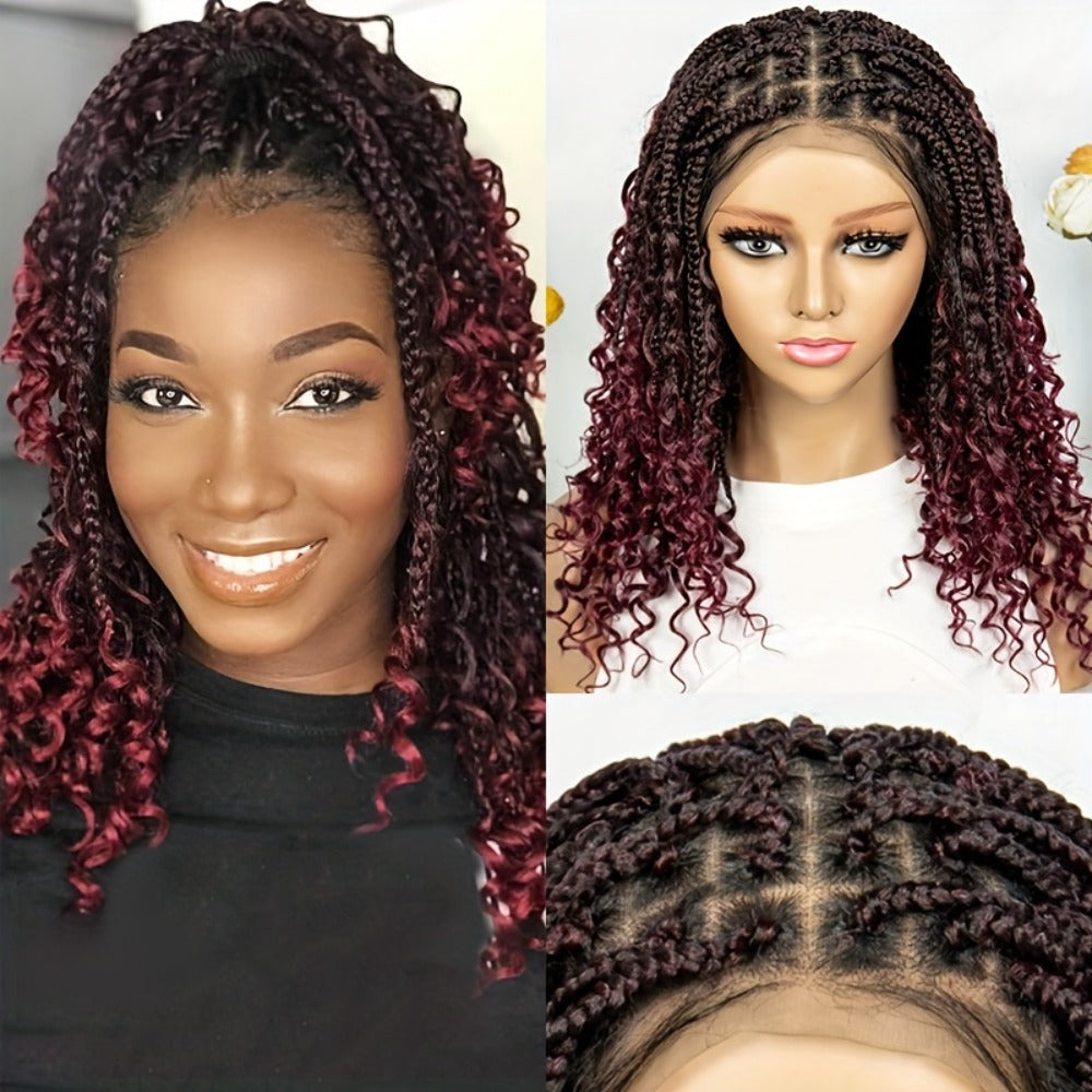 Goddess Braided Wig Knotless Bohemian Square Braid Full Lace Curly Wave 14-16 Inch Black Burgundy Brown Natural Hairline Protective Style Synthetic Wig for Women