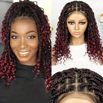 Goddess Braided Wig Knotless Bohemian Square Braid Full Lace Curly Wave 14-16 Inch Black Burgundy Brown Natural Hairline Protective Style Synthetic Wig for Women