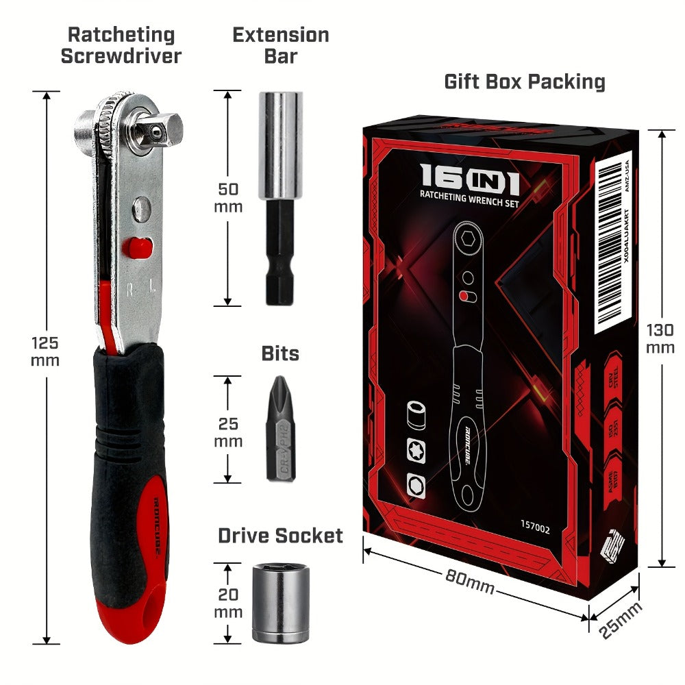 Right-Angle Ratcheting Screwdriver Set with 10- or 16-Piece Bit and Socket Configurations for Tight Access