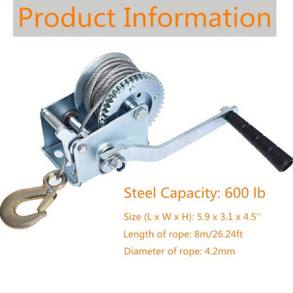Manual Hand Winch Heavy Duty Carbon Steel 800-1600 lbs - Double Brake Safety System, Strap Winch with Mooring Hook & Safety Pawl, for Boat, ATV, Trailer, Farm, Garage & Industrial Pulling Tasks