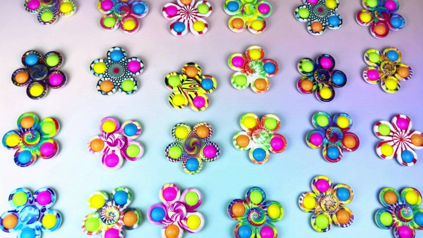 Thirty-Two-Piece Bubble Pop Fidget Spinner Assortment with Colorful Mixed Flower and Round Shapes