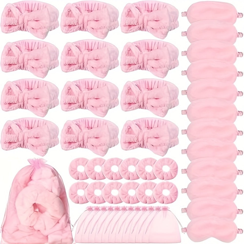 Forty-Eight-Piece Pink Spa Party Favor Set with Headbands, Sleep Masks, Hair Bands and Gift Bags