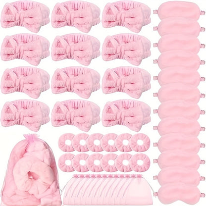Forty-Eight-Piece Pink Spa Party Favor Set with Headbands, Sleep Masks, Hair Bands and Gift Bags