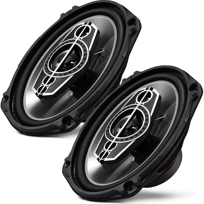 Pair of 6 x 9 Inch Five-Way Coaxial Car Speakers Labeled 1000W Peak, 120W RMS and 4 Ohms with Grilles
