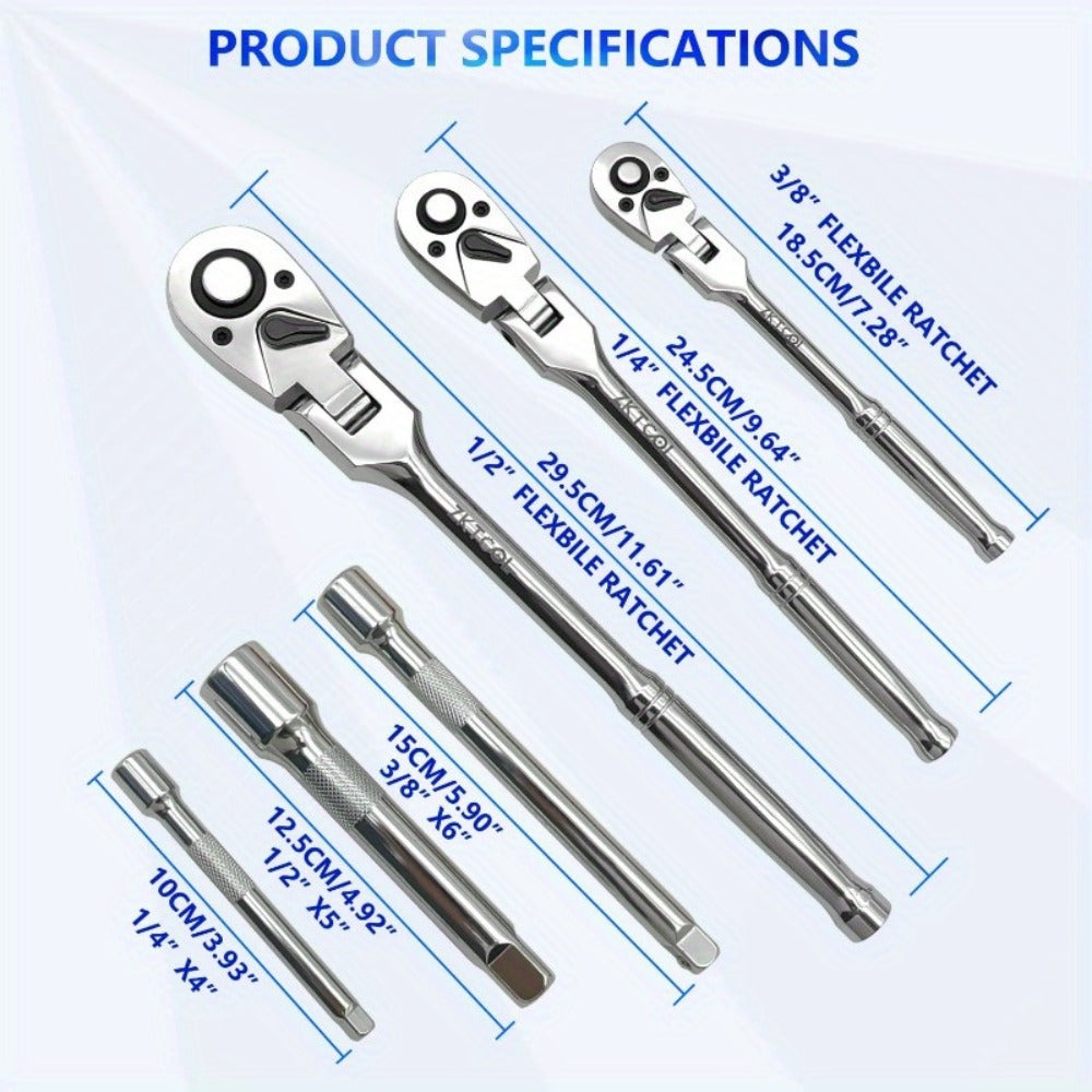 Swivel Head Ratchet Wrench Set – Spring-Loaded Flex Head 1/4" 3/8" 1/2" Drive with Extension Bar, Single or Multi-Pack for Auto & Mechanical Repair