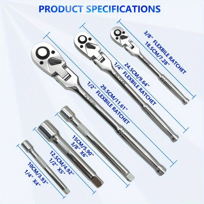 Swivel Head Ratchet Wrench Set – Spring-Loaded Flex Head 1/4" 3/8" 1/2" Drive with Extension Bar, Single or Multi-Pack for Auto & Mechanical Repair