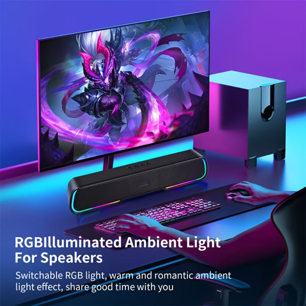 HiFi Soundbar with Subwoofer and RGB Lights, Bluetooth 5.0 Home Theater Speaker, FM Radio TF Card USB AUX TWS