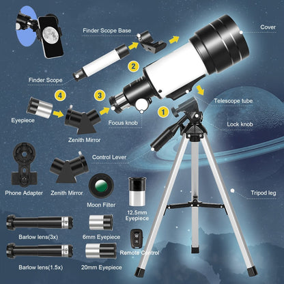 Monocular Telescope 150X with 3 Eyepieces, 70mm Aperture & Tripod – Portable Astronomical Refractor with Phone Holder & Barlow Lens, Easy Setup, Best Gift for Nature, Education & Stargazing