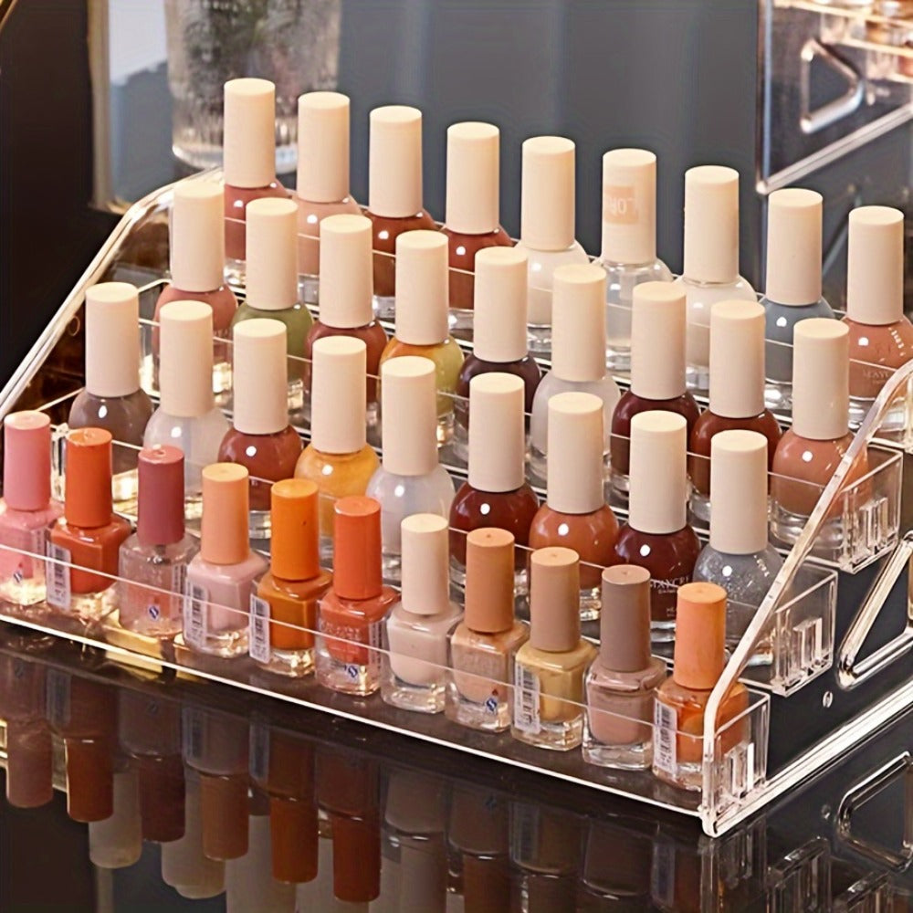 Four-Tier Clear Nail Polish Display Rack with Stepped Shelves and Transparent Checkout Configuration