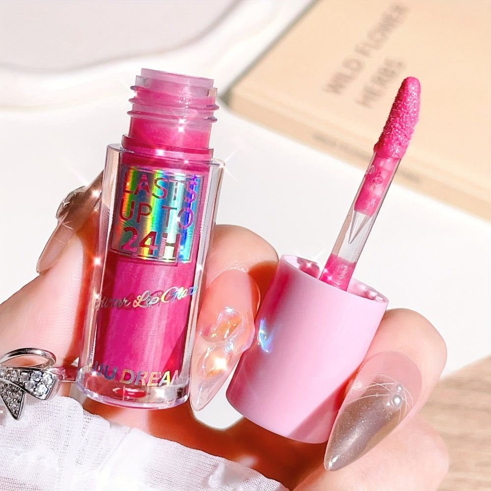 24H Waterproof Glitter Lip Gloss & Lip Stain Set 3PCS – Moisturizing Lip Oil Formula, Long-Lasting Smudge-Proof Glitter Shine in Berry Coral Pink Red Shades for Women All Skin Tones