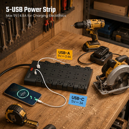 Surge Protector Power Strip 28-in-1 with 22 AC Outlets, 5 USB-A, 1 USB-C, 2100J Rating and 5 to 13 ft Cord Options