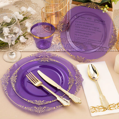 Disposable Party Plates Set 175 Pieces for 25 Guests Clear Plastic Plates with Gold Trim, Includes Dinner Plates Dessert Plates Cups Napkins Gold Silverware for Wedding Birthday Party Christmas