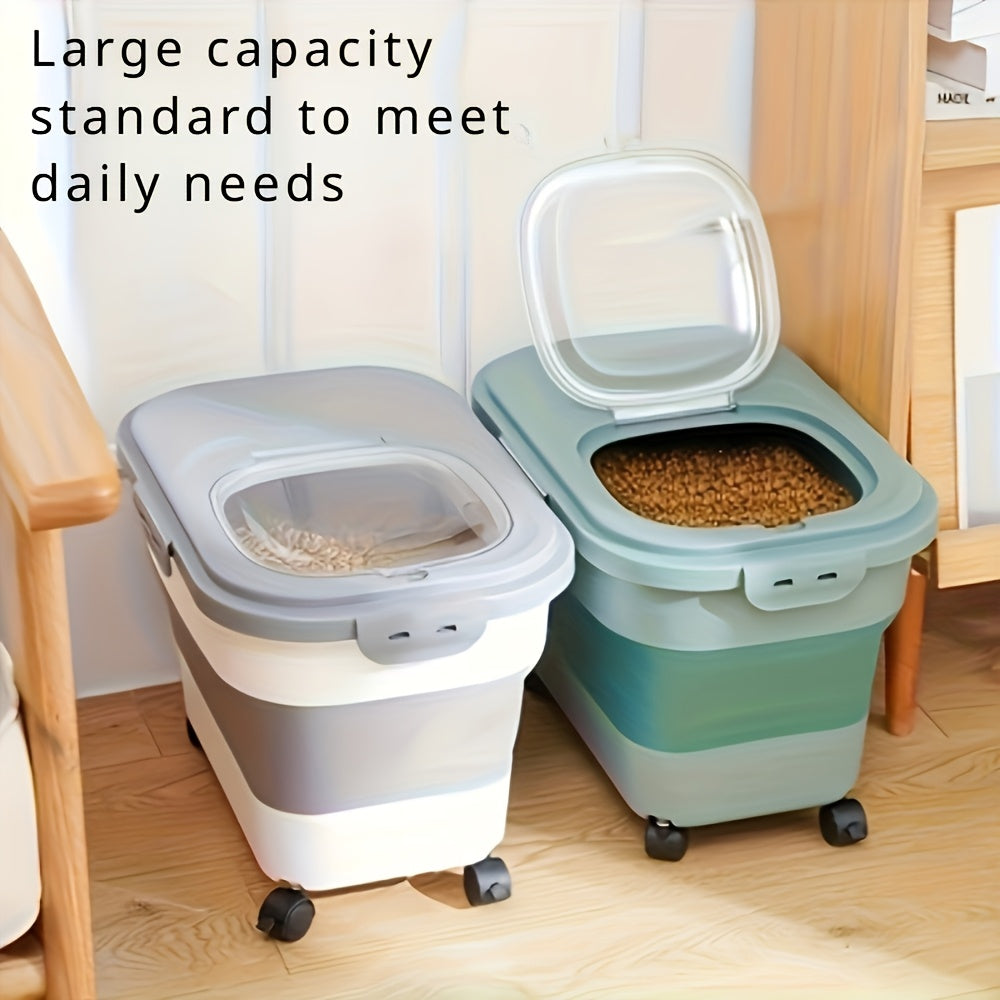 Collapsible Rolling Pet Food Bin with Measuring Cup, Folding Sides and Three Color Options