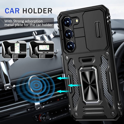 Samsung Galaxy Shockproof Magnetic Phone Case with 360° Rotating Ring Bracket & Sliding Lens Protector – Heavy Duty Cover for S24FE S23FE S22 S21FE Ultra A55 A54 A35 A34 A25 A24 A16 A15 A14 A06 A05 A05S 5G