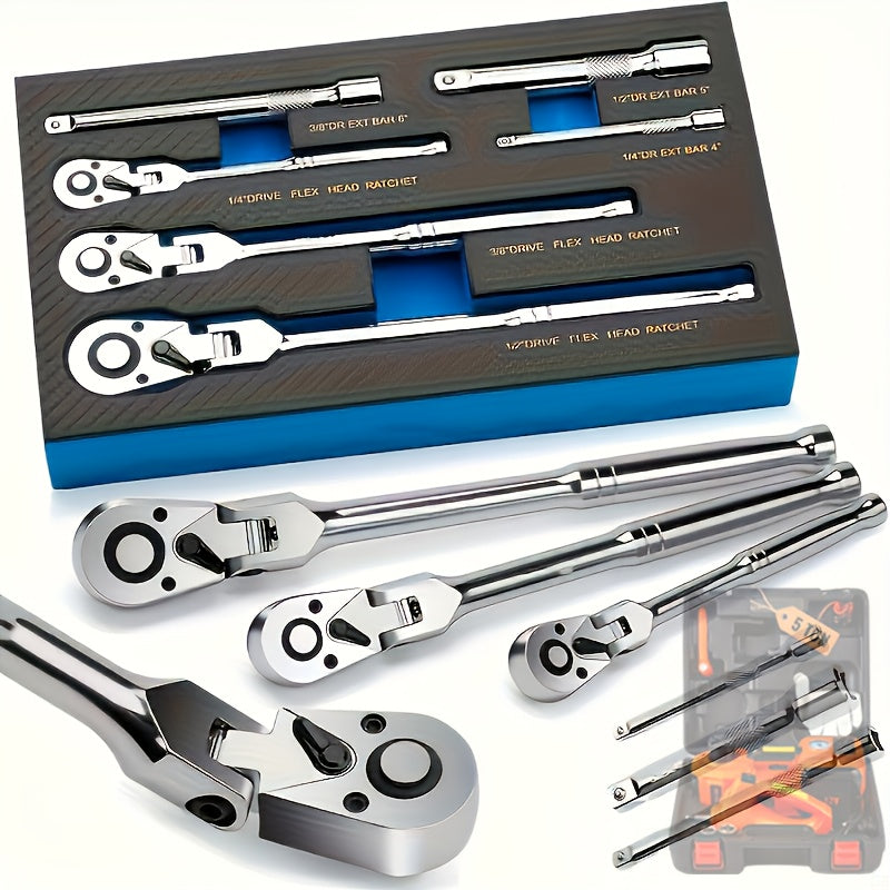 Ratchet Wrench Set 3-Piece & 6-Piece | 72-Tooth 1/4" 3/8" 1/2" Drive Flexible Head Quick Release Ratchet Handle with EVA Sponge Tool Kit – 180° Adjustable Bendable Ratchet