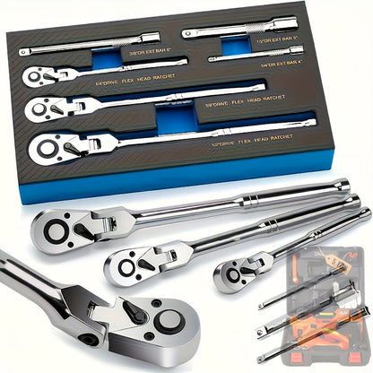 Ratchet Wrench Set 3-Piece & 6-Piece | 72-Tooth 1/4" 3/8" 1/2" Drive Flexible Head Quick Release Ratchet Handle with EVA Sponge Tool Kit – 180° Adjustable Bendable Ratchet