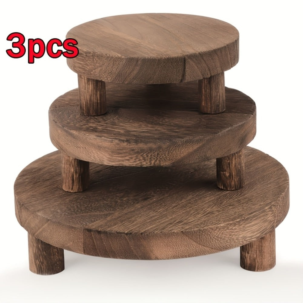 Wooden Display Riser Stands 3pcs Set Rustic Multi-Tier Cake Stand with Sleek Legs - Natural for Entryways, Bedrooms and Living Spaces