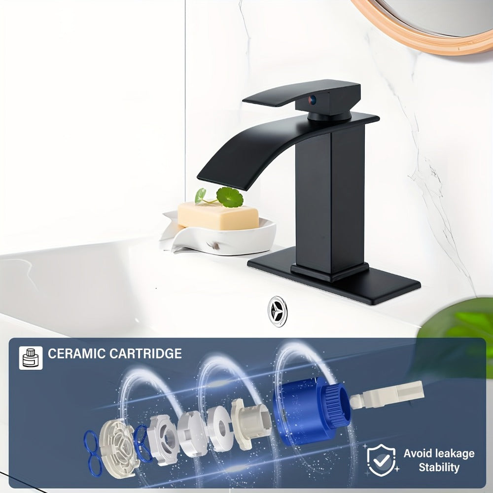 Single-Handle Waterfall Bathroom Faucet with Deck Plate, Drain Options and Single or Two-Piece Finishes