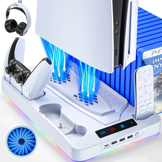 PS5 Cooling Stand with 16 Game Slots & LED Light, Dual Controller Charging Station with Headset & Remote Holders for PS5 & PS5 Slim (Disc & Digital) – Not Compatible with PS5 Pro