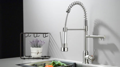 Single-Hole Pull-Down Kitchen Faucet with Spring Spout, 360° Swivel Sprayer and Three Finish Options