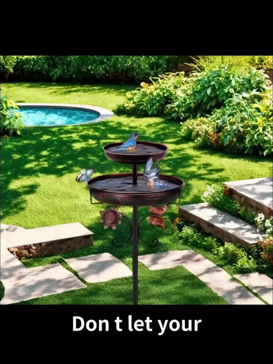Two-Tier Bird Bath and Feeder with 5-Claw Ground Stake, Copper-Color Bowls and Leaf Accents