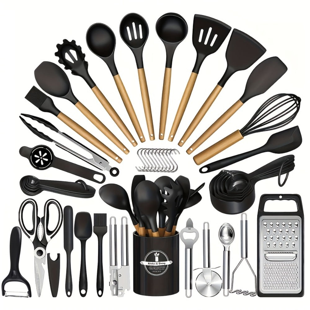 Silicone Kitchen Utensils Set 45pcs – Cooking Utensils for Nonstick Cookware, Stainless Steel Handle Spatulas, Heat Resistant Kitchen Gadgets & Tools, Pots and Pans Accessories, Black