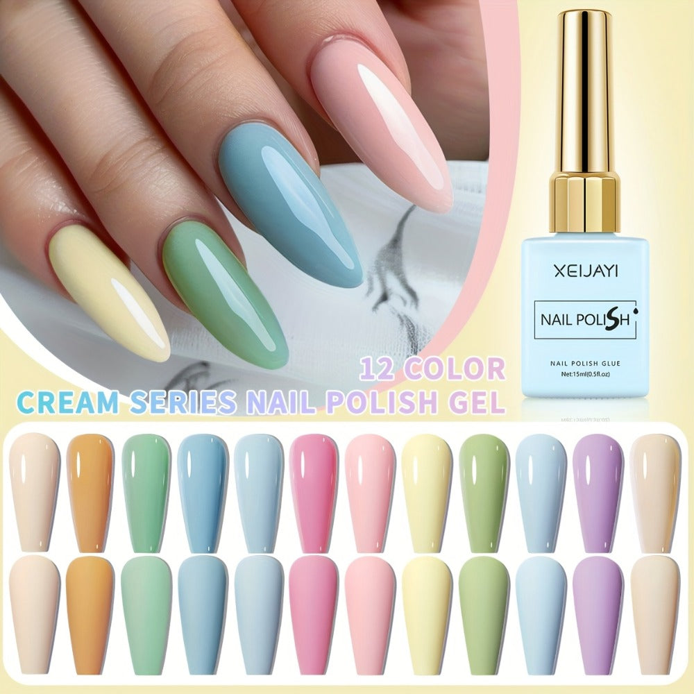 Gel Nail Polish Set with XEIJAYI Label, 12 Candy Macaroon Gel Colors in 0.51oz Square Bottles