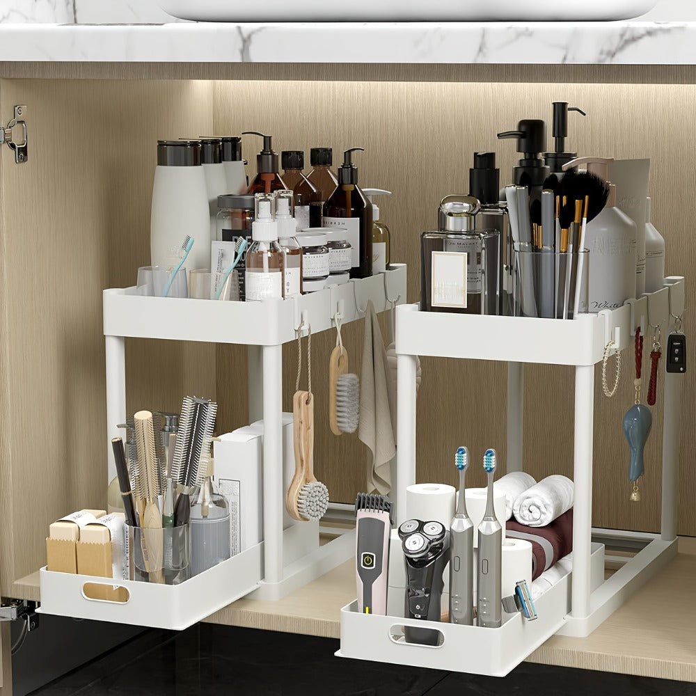 Under Sink Organizer 2pcs Double Tier Sliding Storage Basket with 8 Hooks – Kitchen Bathroom Cabinet Rack Shelf