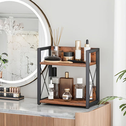 Two-Shelf Countertop Spice Rack with Wood-Look Panels, Black X-Braced Frame and Yellow Checkout
