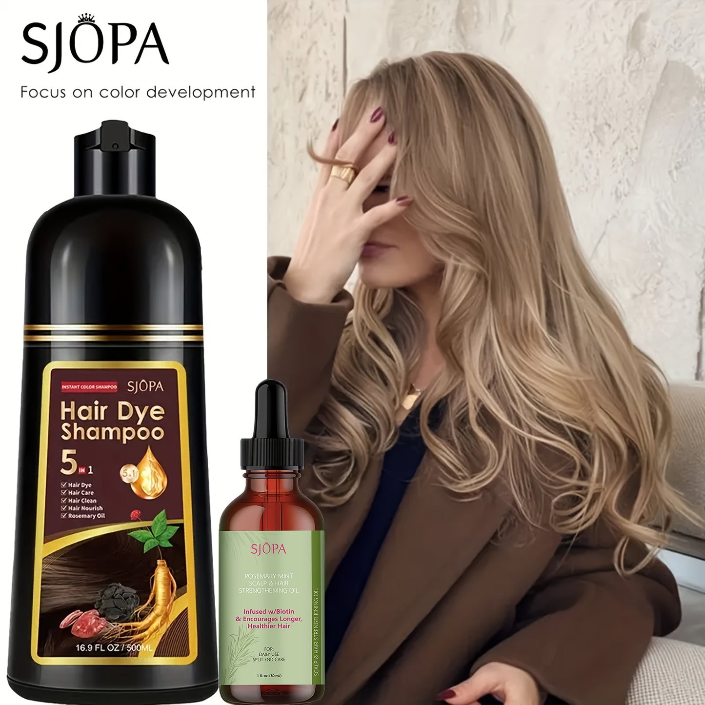 Hair Color Shampoo 5-in-1 Instant Gray Coverage Color Dyeing Conditioner 16.9oz – SJOPA No Ammonia Safe Natural Formula 12 Shades Unisex Men Women