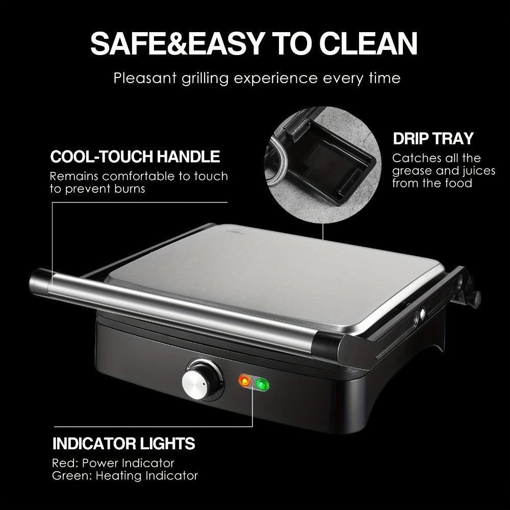 Panini Press Sandwich Maker 1200W – 4-Slice Non-Stick Grill with 180° Opening Adjustable Temperature 120–428°F & Removable Drip Tray | Electric Contact Grill for Sandwiches Steaks Burgers Indoor Use