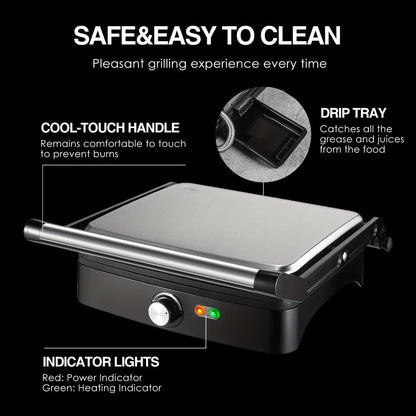 Panini Press Sandwich Maker 1200W – 4-Slice Non-Stick Grill with 180° Opening Adjustable Temperature 120–428°F & Removable Drip Tray | Electric Contact Grill for Sandwiches Steaks Burgers Indoor Use