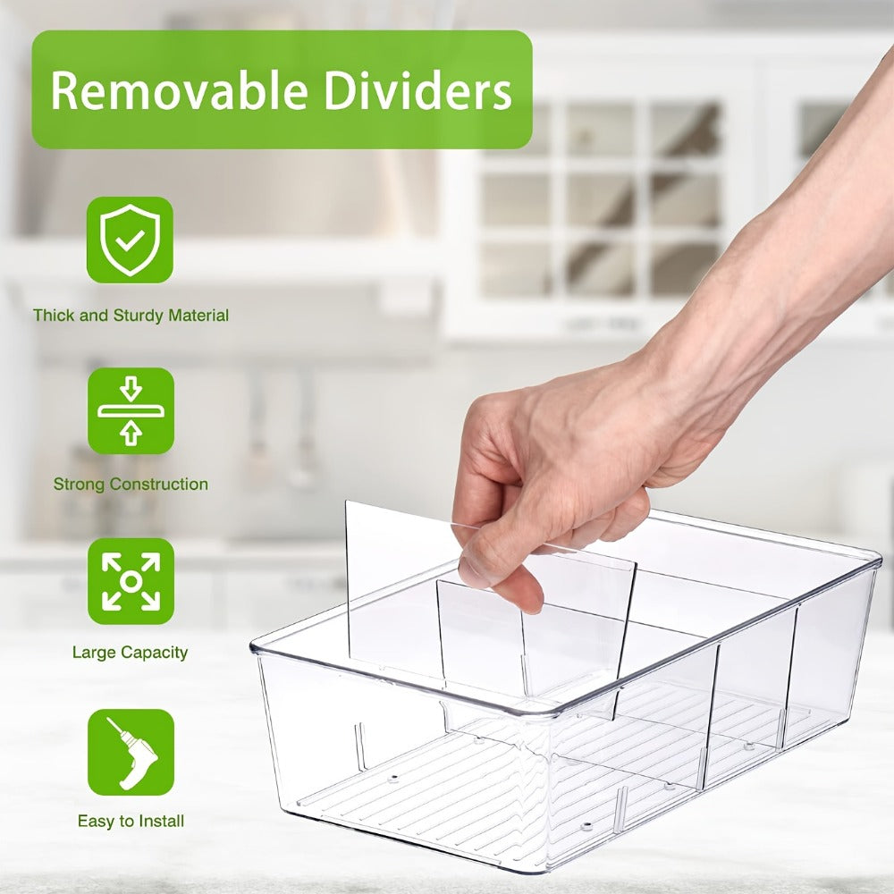 Six-Piece Clear Pantry Organizer Bin Set with Removable Dividers for Cabinets, Fridges and Shelves