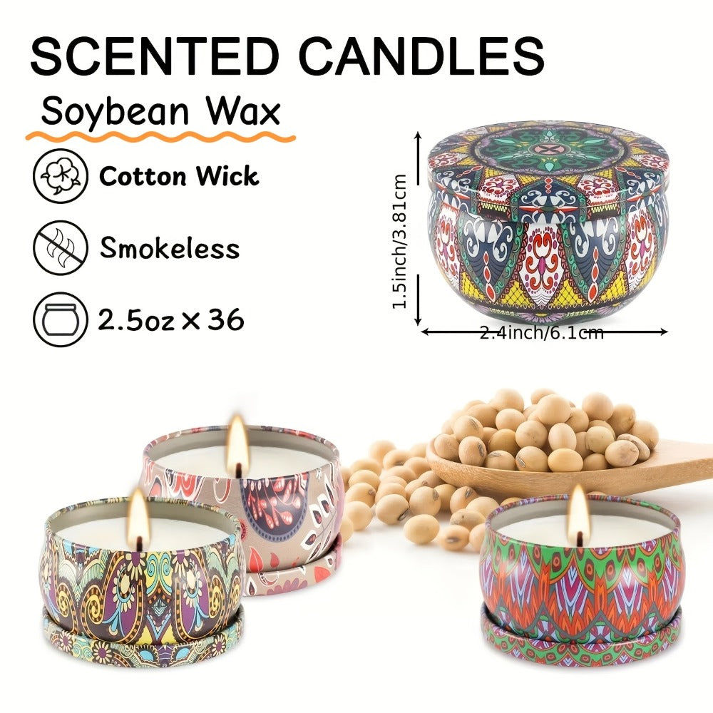 36-Piece Candle Gift Set with Lidded 2.5oz Decorative Tins in Three Coordinated Design Families