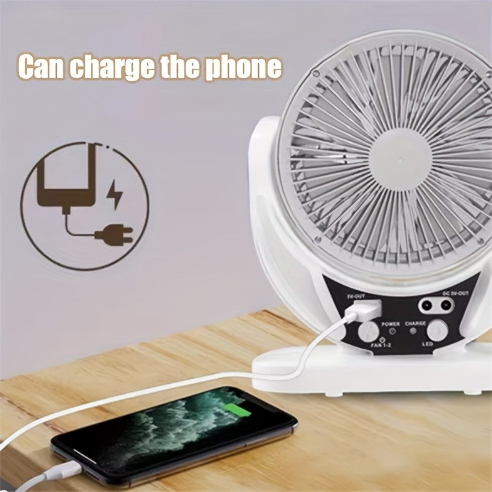 Solar Desk Fan with Adjustable Stand, Separate Panel, USB Input, Phone Output and 1-Piece Package