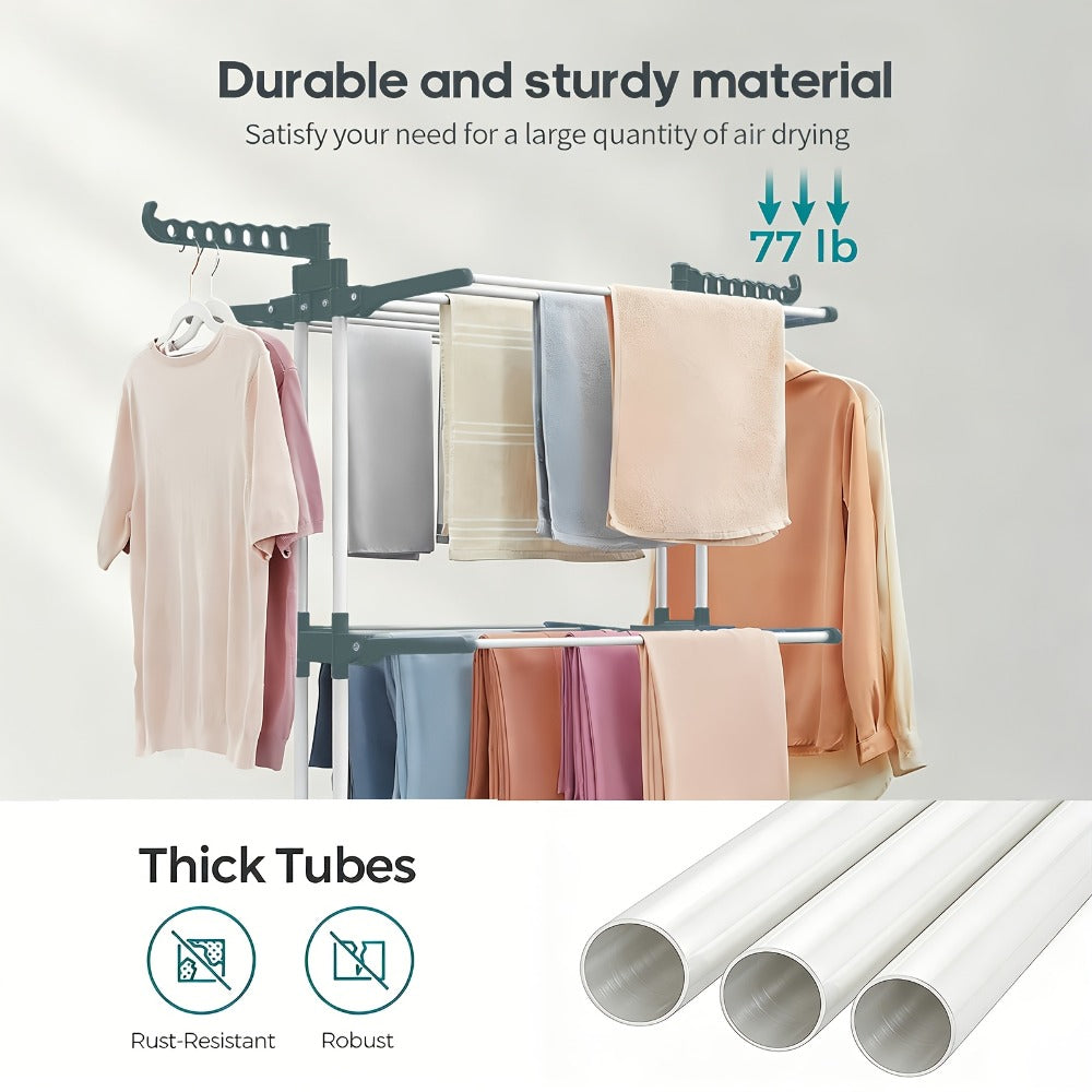 Four-Tier Foldable Metal Clothes Drying Rack with Casters for Up to 30 Garments and Small Spaces
