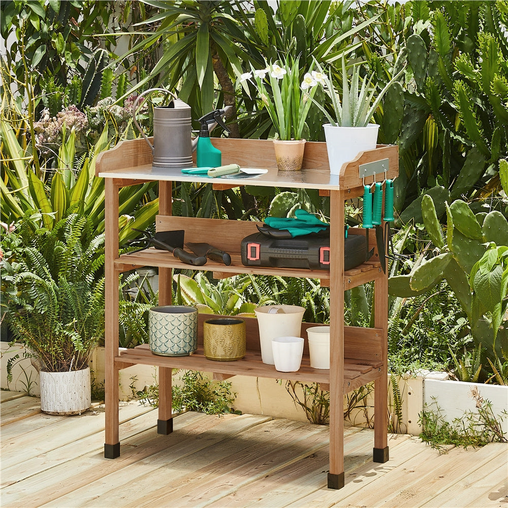 Rolling Potting Bench 3-Tier Wooden Garden Workstation Waist-High Galvanized Metal Top Lockable Casters Side Hooks Shelves for Outdoor Patio Gardening Storage