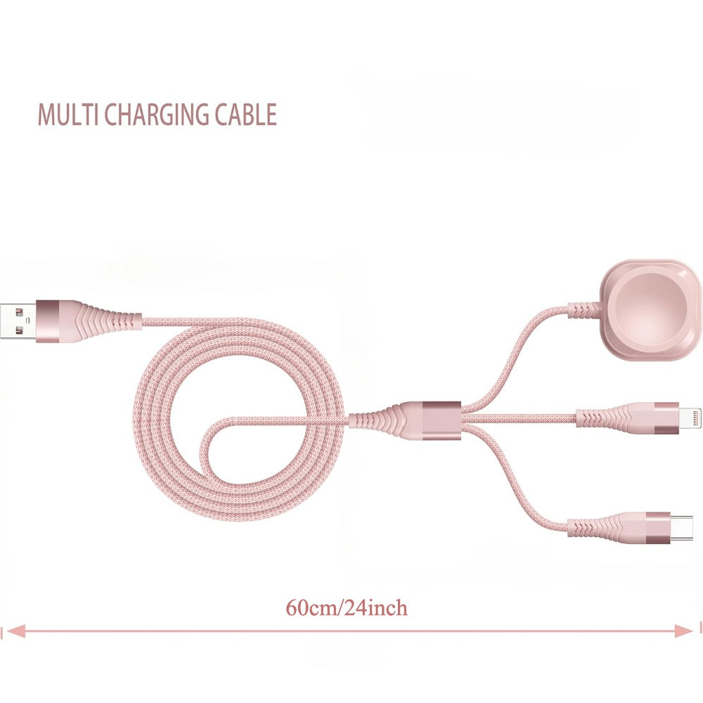24-Inch Pink Braided Charging Cable with USB-A Input, Lightning, USB-C and Magnetic Watch Pad