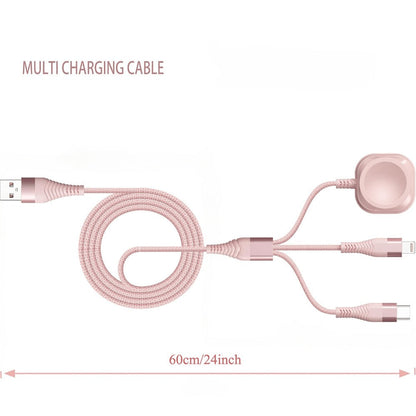 24-Inch Pink Braided Charging Cable with USB-A Input, Lightning, USB-C and Magnetic Watch Pad