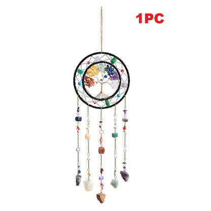Crystal Wind Chime Suncatcher with Life Tree Pendant - Handmade Bohemian Shattered Stone Woven Hanging Decor for Outdoor Garden Window Porch, Christmas Wedding Birthday New Year Gift