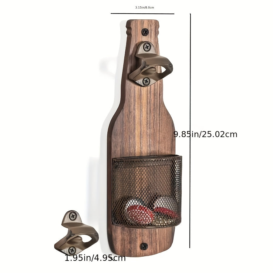 Wall-Mounted Bottle Opener with Rustic Wood-Look Backboard, Metal Cap Catcher Basket and Two-Piece Hardware Set