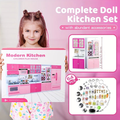 Pink Kitchen Toy Set 64pcs with Lights & Sounds, Mini Furniture Doll Playset for Girls, Pretend Play Kitchen Accessories