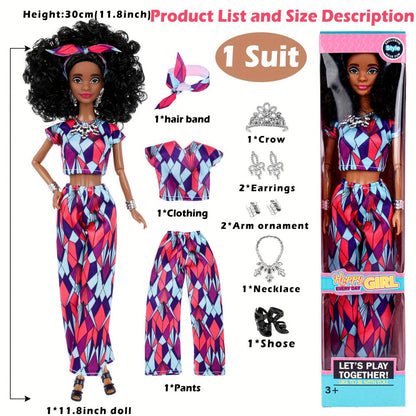 Six-Piece 11.5-Inch Fashion Doll Set with Curly-Hair Styles, Bohemian Outfits, Headbands and Jewelry