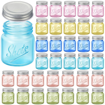 Mason Jar Shot Glasses 36 Pcs with Lids – 2 Oz Dishwasher Safe Mini Shooter Glasses – Perfect for Wedding Party Favors, Home Bar, Desserts, Halloween & Christmas Gift – Fresh Color