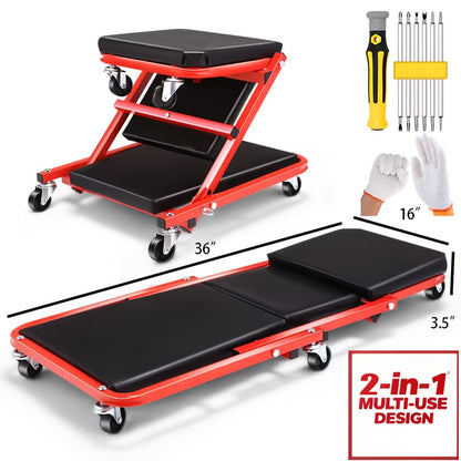 Mechanic Creeper 36-Inch Z-Crawl Folding – Adjustable Load Board, 6-Wheel 2.5" Rolling Garage Repair Seat, Universal Fit with Optional Tool Kit Bundles